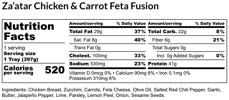 Nutritional Facts - Zaatar Chicken & Carrot Feta Fusion 6oz